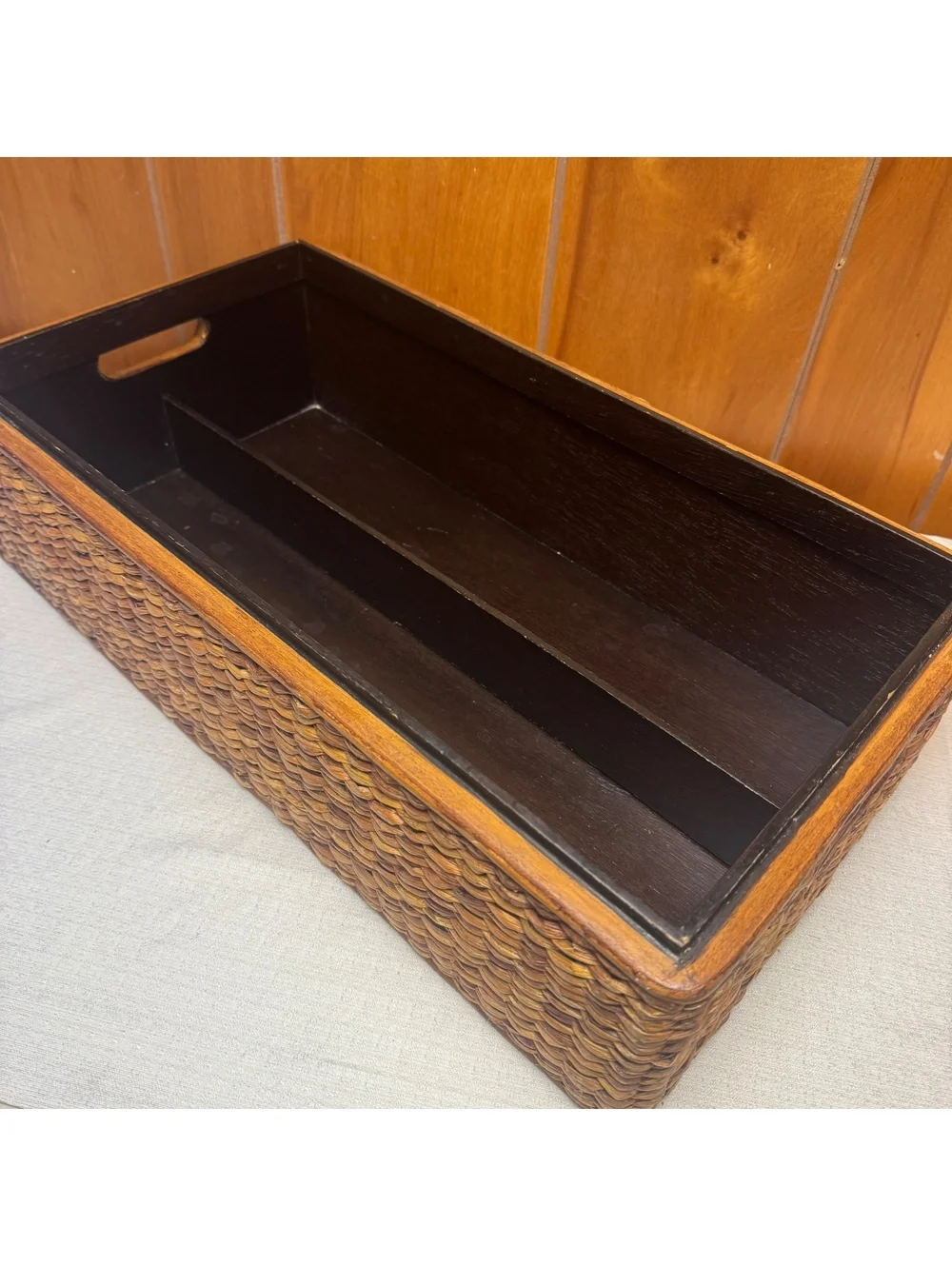 Vintage Woven Water Hyacinth Storage Basket Wood Organizer Bin 22x12x6